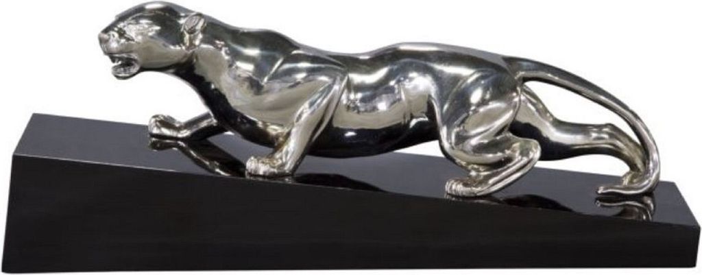Casa Padrino Luxus Bronzefigur Puma Silber / Schwarz 60 x 17 x H. 20 cm - Elegante Dekofigur auf Holzsockel