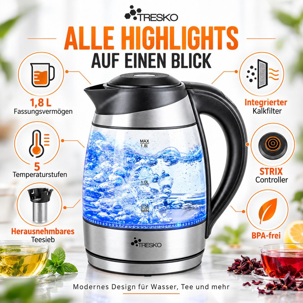 TRESKO® Glas Wasserkocher 1,8L / 2200W mit