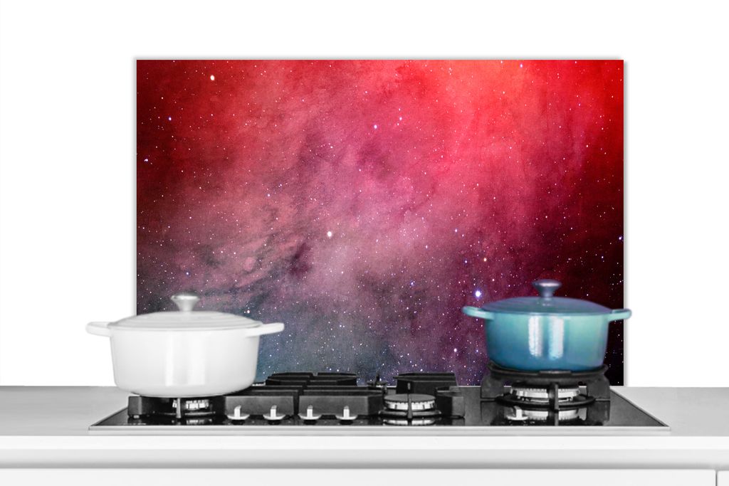 KitchenYeah Spritzschutz Küche - Küchenrückwand - Wandschutz für Herd und Spüle - Aquarell - Sterne - Rot 80x55 - Alu-Dibond (Alternative zu...