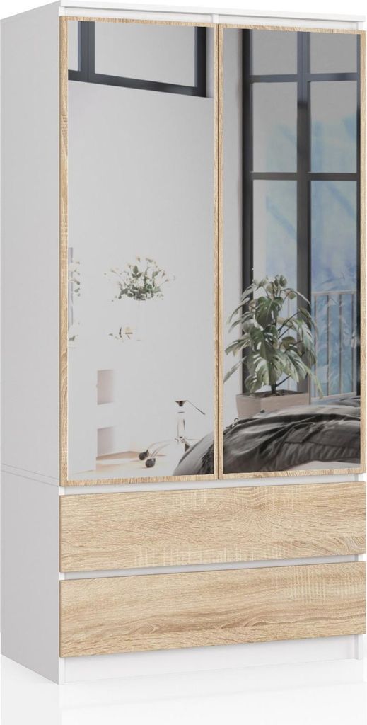 Kleiderschrank – Schlafzimmerschrank mit Kleiderstange – 90 cm – Weiß / Sonoma Eiche – Funktionaler Drehtürenschrank mit Spiegel und 2 Sc...