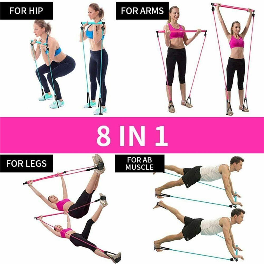 Tragbare Fitnessübung Pilates Bar Kit Yoga Gym Stick Mit Widerstandsband Lila DE 