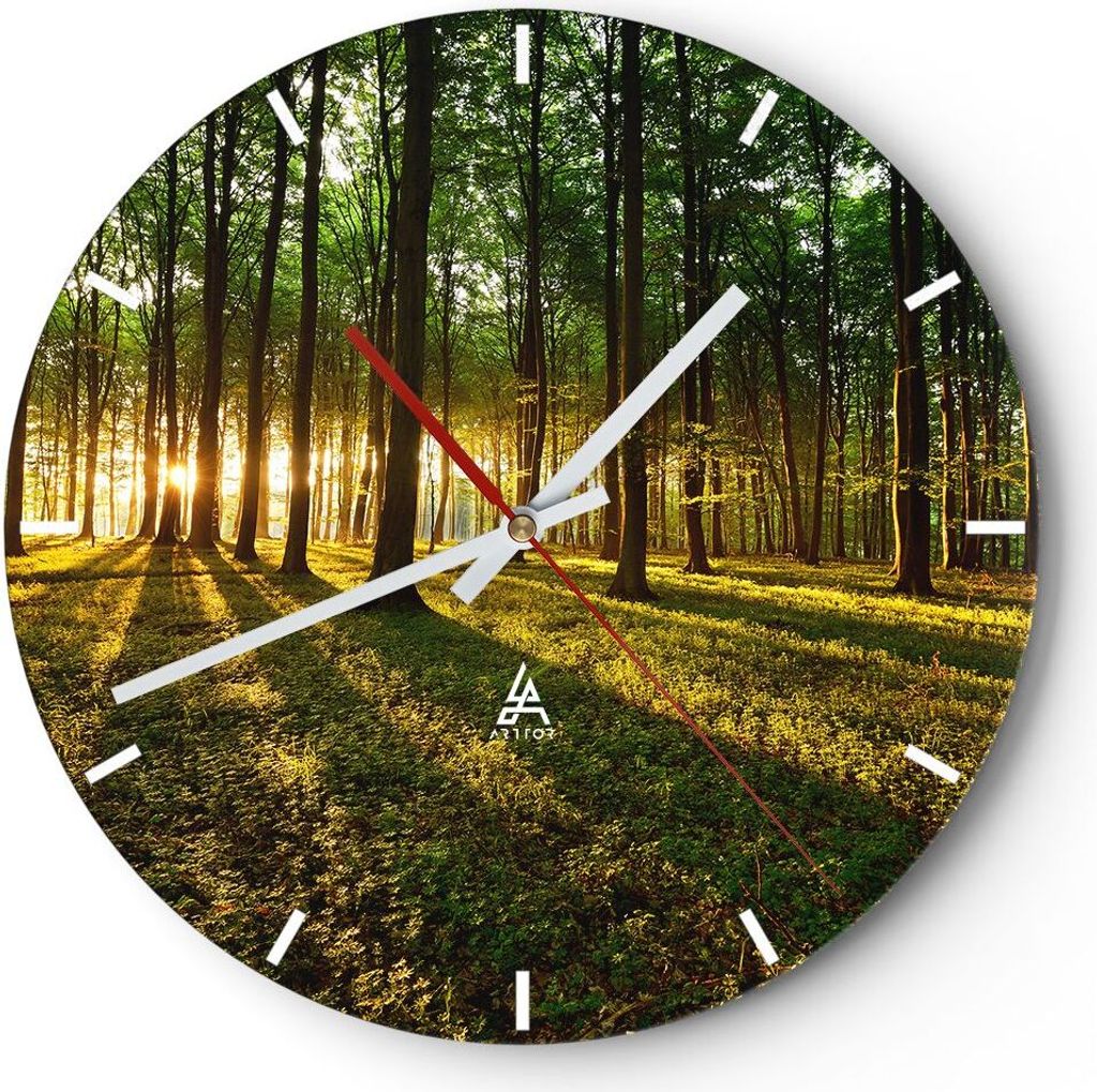 Wanduhr - Rund - Glasuhr - Wald grün Sonnenstrahlen Natur - 30x30cm - Schleichendes Uhrwerk - Lautlos - zum Aufhängen bereit - Dekoration Modern ...