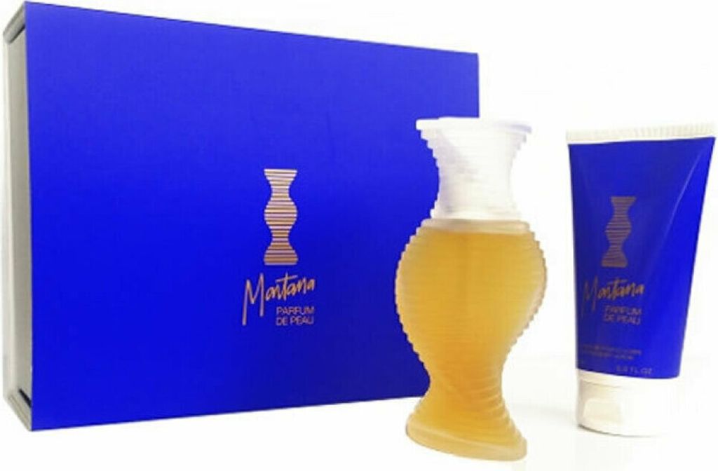 A perfume set including a bottle of perfume and a tube of body lotion, presented with a blue gift box.