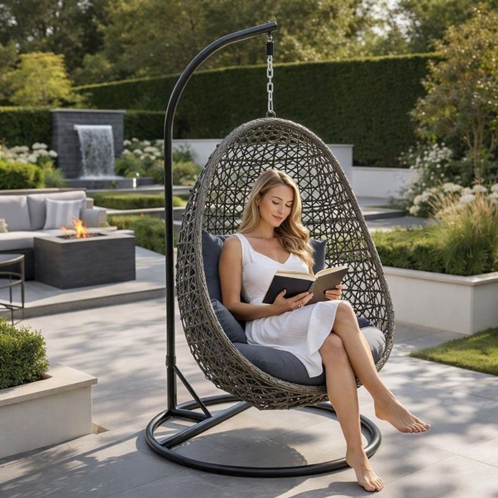 Deluxe Hängesessel Polyrattan Hängestuhl Rattan Hängekorb + Gestell Kissen Grau