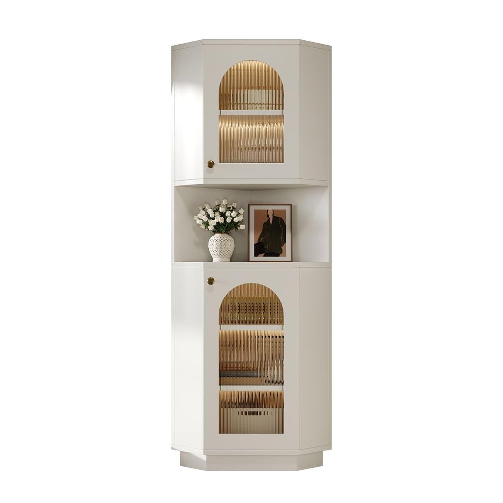 Badschrank mit Lichtleiste, Badmöbel, Eckschrank mit zwei Ablagefächern, offenes Fach mit verstellbaren Einlegeböden, 45x 45 x 166,5 cm, weiß