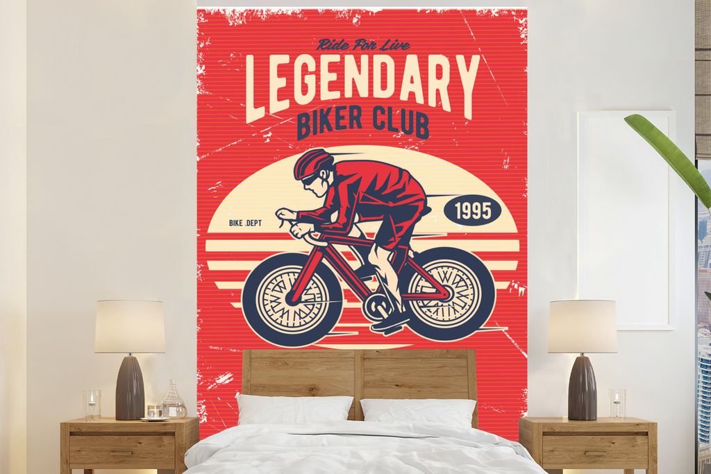 MuchoWow Fototapete für Wohnzimmer oder Schlafzimmer Wandtapete Vinyl Motivtapete Fahrrad - Radfahrer - Helm - Vintage - 195x300 cm - Das Hinter...