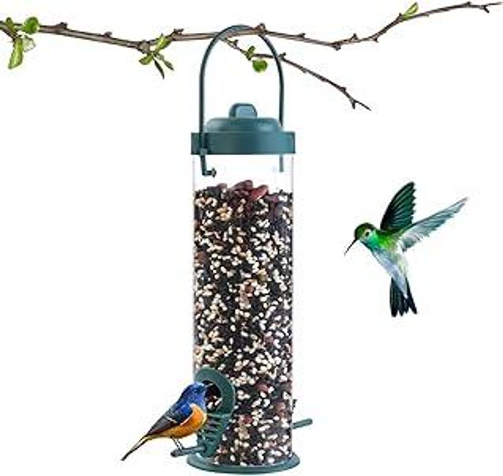 OFFCUP Futtersäule, Vogelfutterspender Kunststoff 21,5cm mit 2 Anflugplätzen, Vogel Futterstation zum Aufhängen, Wildvögel Futtersilo Transpare...