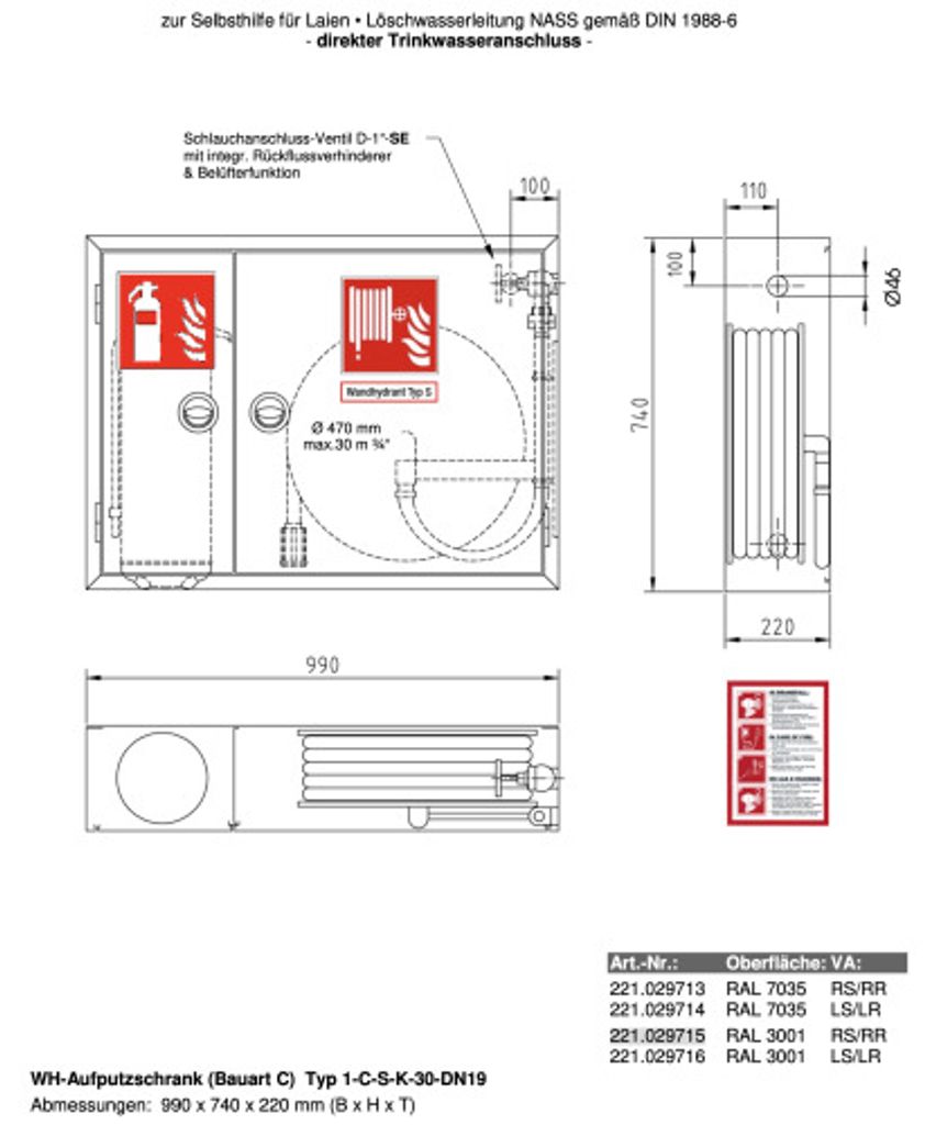 Wandhydrantenschrank Typ S Wandhydrant, Selbsthilfe, inkl. Feuerlöscherfach
