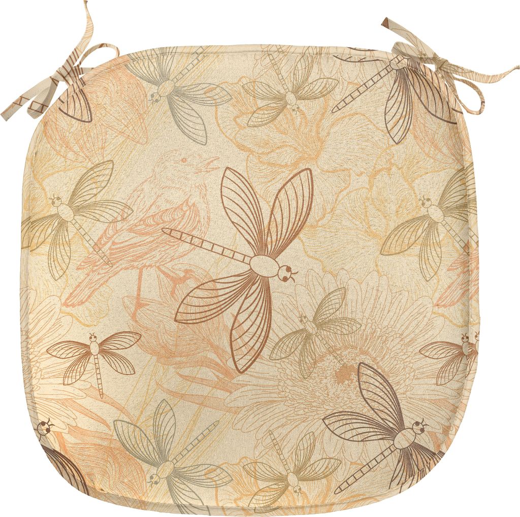 ABAKUHAUS Beige Polster für Esszimmerstühle, Vintage Vögel Libellen, Dekoratives wasserfestes Kissen mit Riemen für Küchensitze, 40 cm x 40 cm...