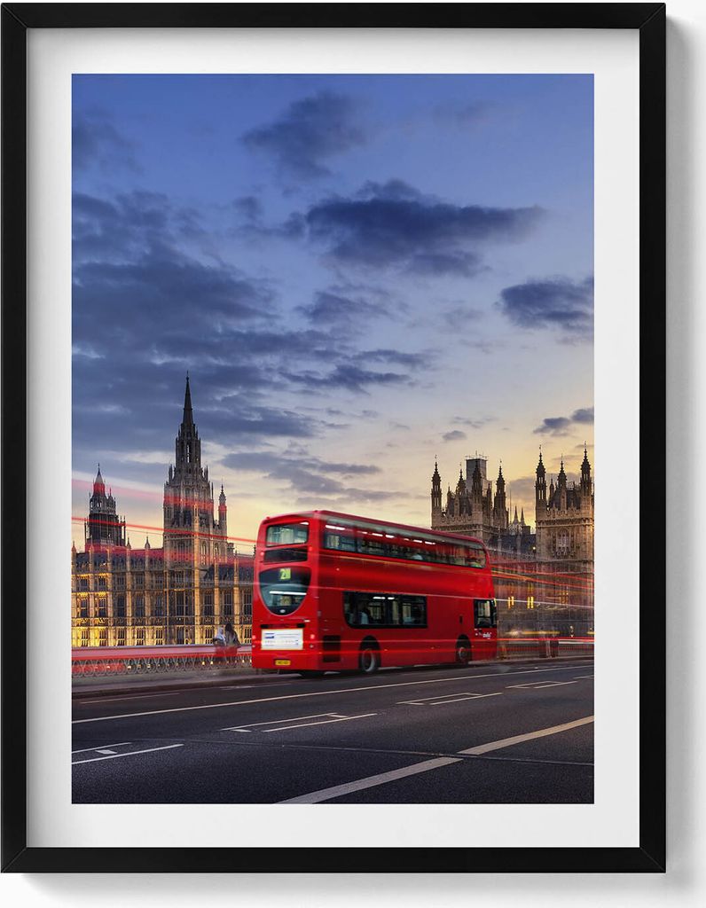 Roter Bus in London– Wandbild mit Rahmen – Gerahmtes Bild – Wanddekoration – 60x80 cm – Schwarz Rahmen