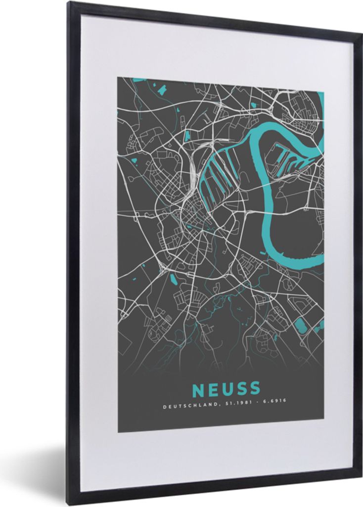 MuchoWow Gerahmtes Poster Stadtplan - Neuss - Deutschland - Karte 40x60 cm - Poster mit Schwarzem Bilderrahmen Wandposter Rahmen Foto Bilder - Po...
