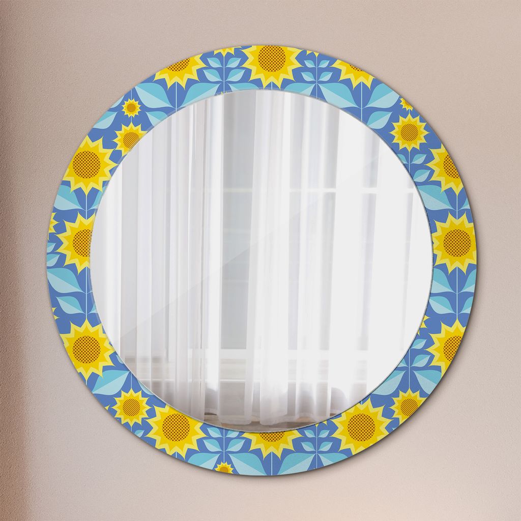 Spiegel mit Grafiken – Modern Spiegel - Dekorative Spiegel – Schminkspiegel - Rundspiegel - Geometrisch Sonnenblumen - Runder: Ø70cm