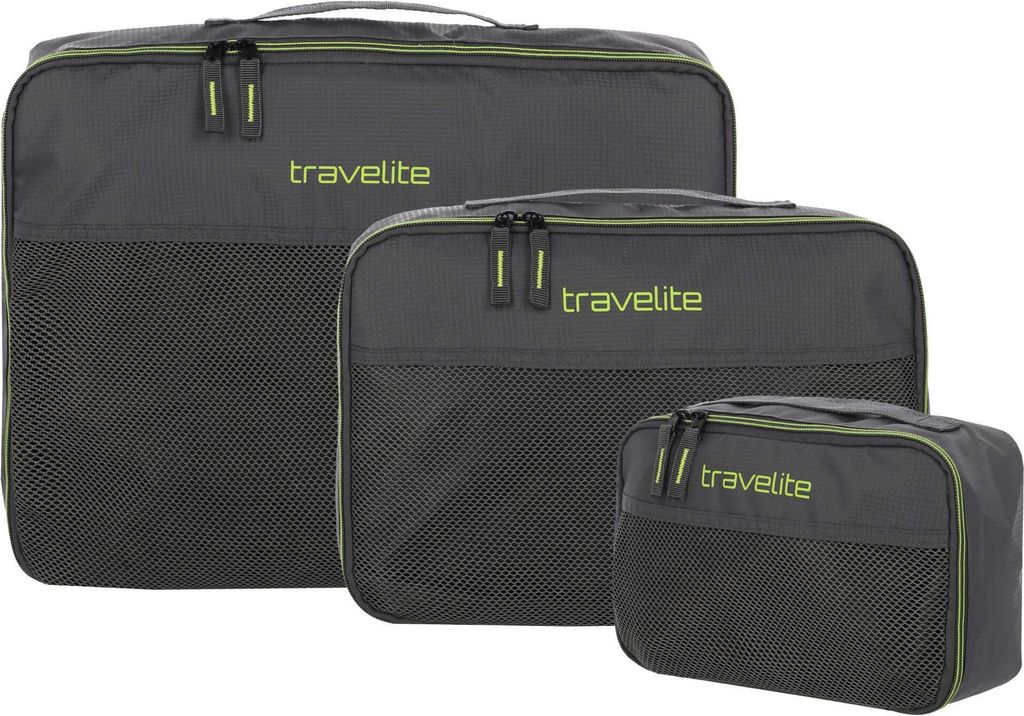 Three packing cubes of different sizes are displayed against a white background.
