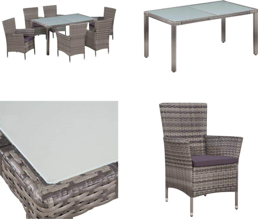 vidaXL 7 tlg. Garten Essgruppe mit Auflagen Poly Rattan Grau - Garten Essgruppe - Garten Essgruppen - Gartengarnitur - Gartengarnituren