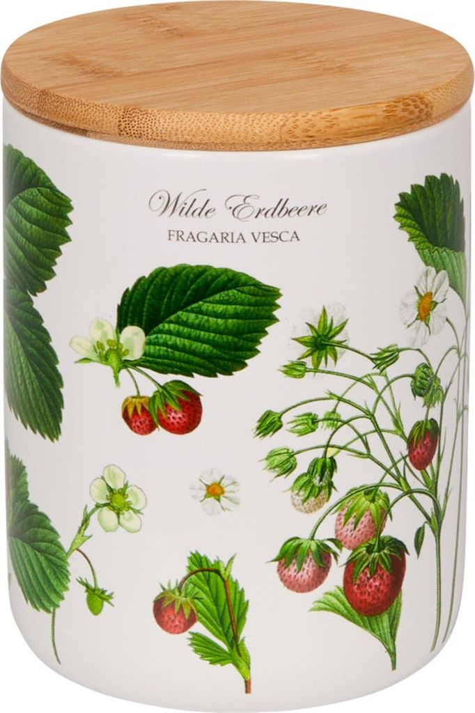 A white ceramic storage jar with a bamboo lid, decorated with illustrations of wild strawberries and their leaves and flowers.