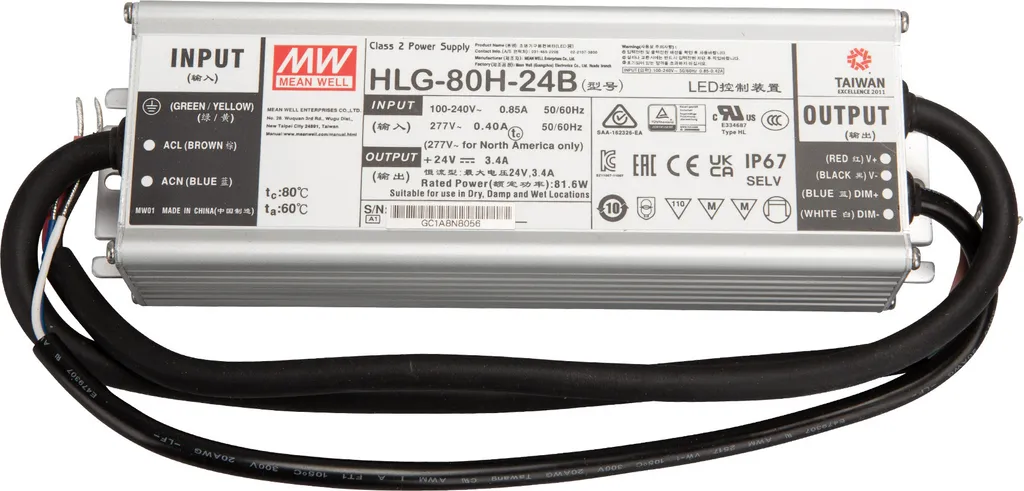 Alimentation 24V Stable sans Scintillement Mean Well HLG-80H-24B IP67