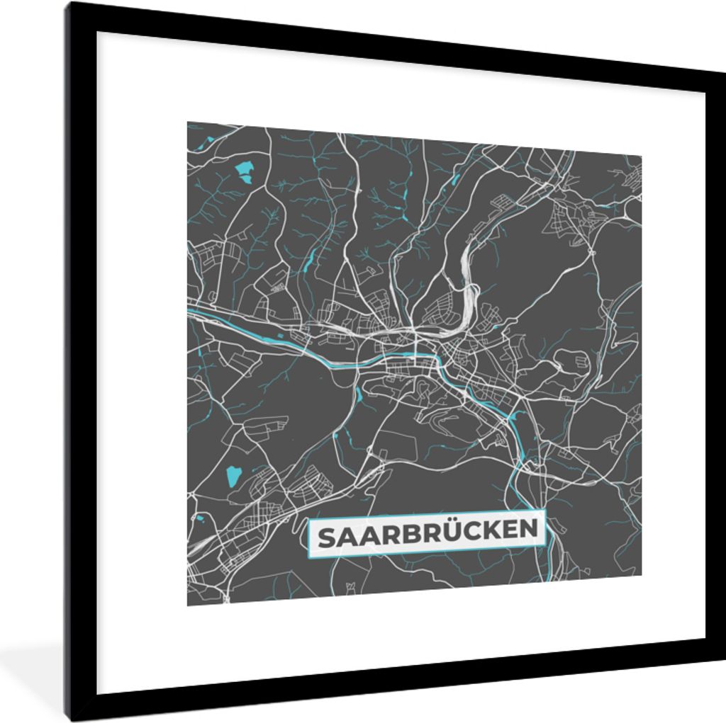 MuchoWow Gerahmtes Poster Blau - Deutschland - Karte - Stadtplan - Saarbrücken 40x40 cm - Poster mit Schwarzem Bilderrahmen Wandposter Rahmen Fo...