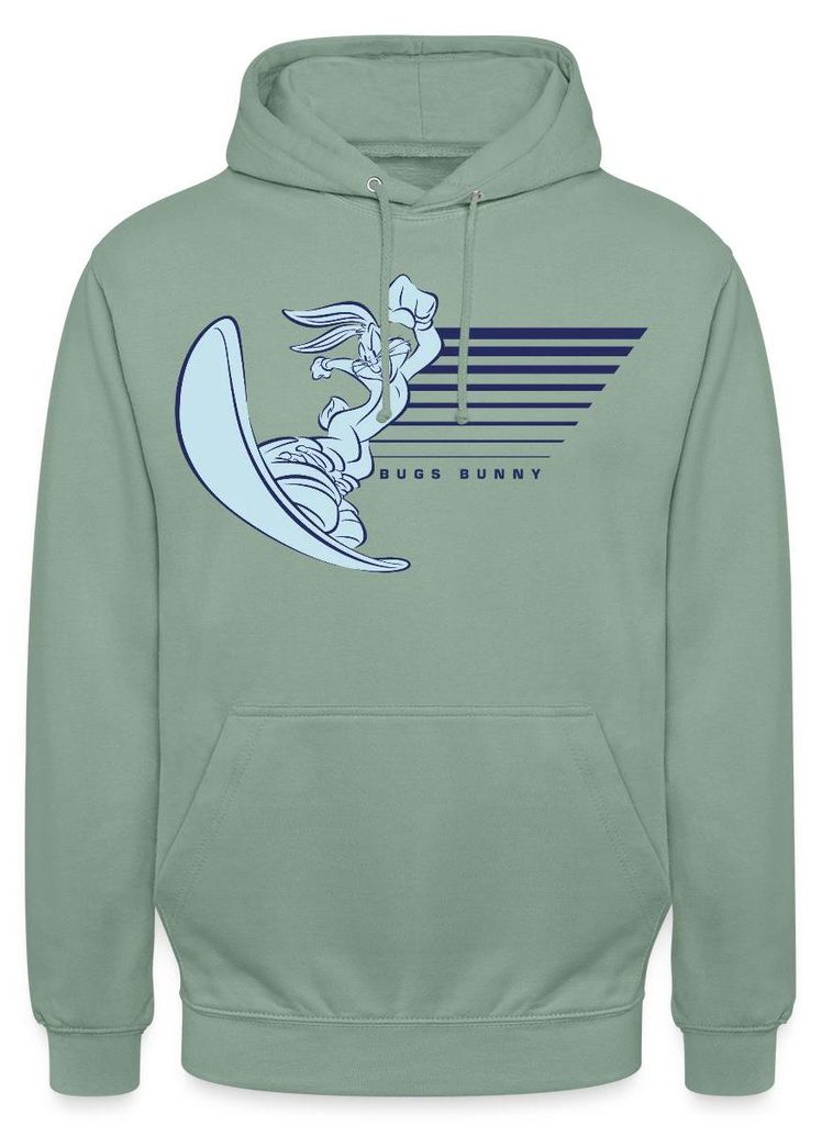 Spreadshirt Looney Tunes Bugs Bunny Mit Snowboard Uni Hoodie, S, Graugrün