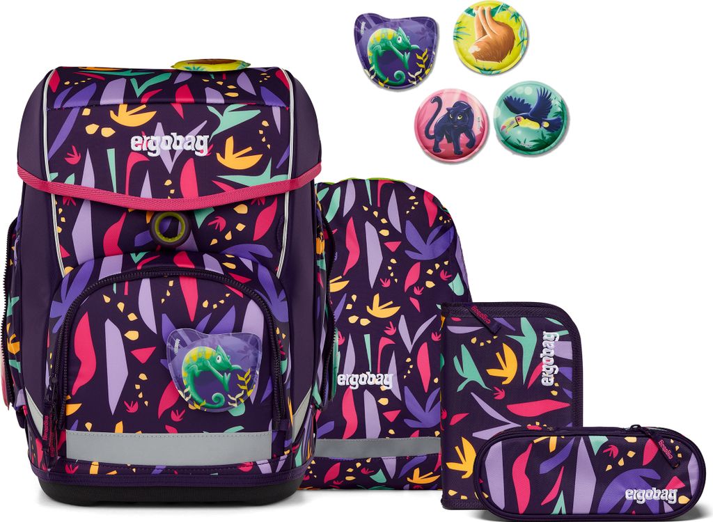 A set of school supplies including a backpack, a pencil case, and a pouch, all with a jungle-themed pattern. Four round patches with animal designs are also shown.