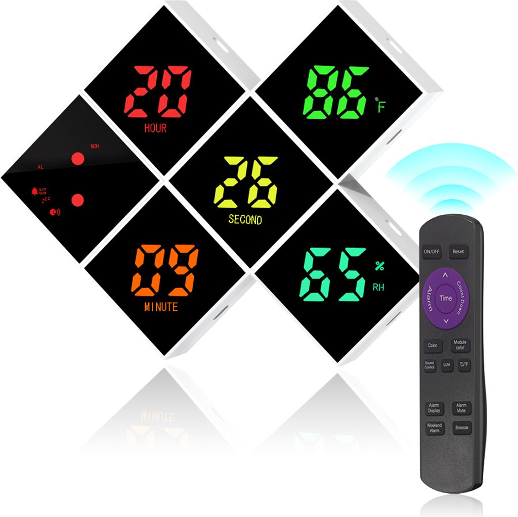 Digitale Wanduhr mit Fernbedienung, 4 Helligkeitsstufen, Dimmer, lauter Alarm, DIY-Modul, LED-Wanduhr mit Datum, Temperatur, Luftfeuchtigkeit, 12 S...