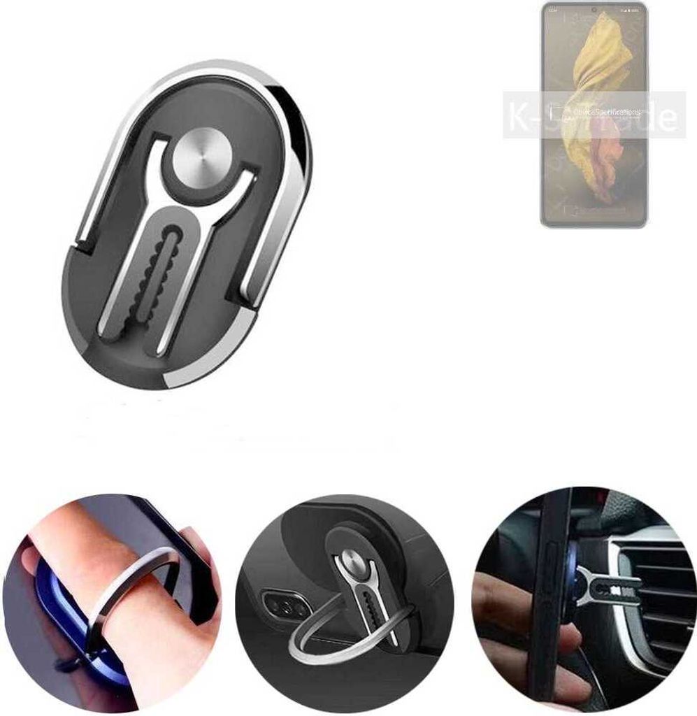 K-S-Trade 3in1 Smartphone-Ring Handy-Ring kompatibel mit Sharp Aquos R7 Fingerhalterung Handyring Tischständer Lüftungsgitter-Halterung Tisch