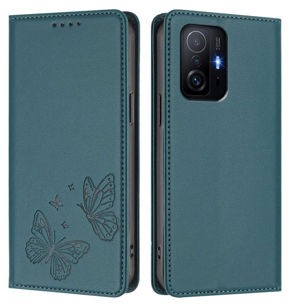 Lederhülle für Xiaomi 11T /Xiaomi 11T Pro, Schmetterling Prägung Leder Brieftasche Schutzhülle mit Ständer Grün