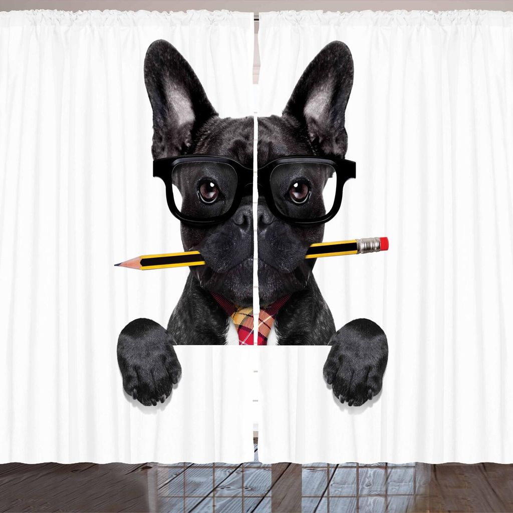 ARANDE Bulldogge Gardine, Geschäftsmann Black Dog mit Brille und Bleistift in seinem Mund Office Manager Boss, 280 x 225 cm, Mehrfarbig