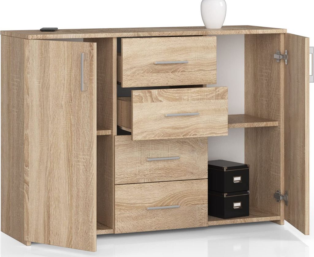 Kommode mit 4 Schubladen & 2 Türen, 110x80x35, Wohnzimmer, Eiche Sonoma