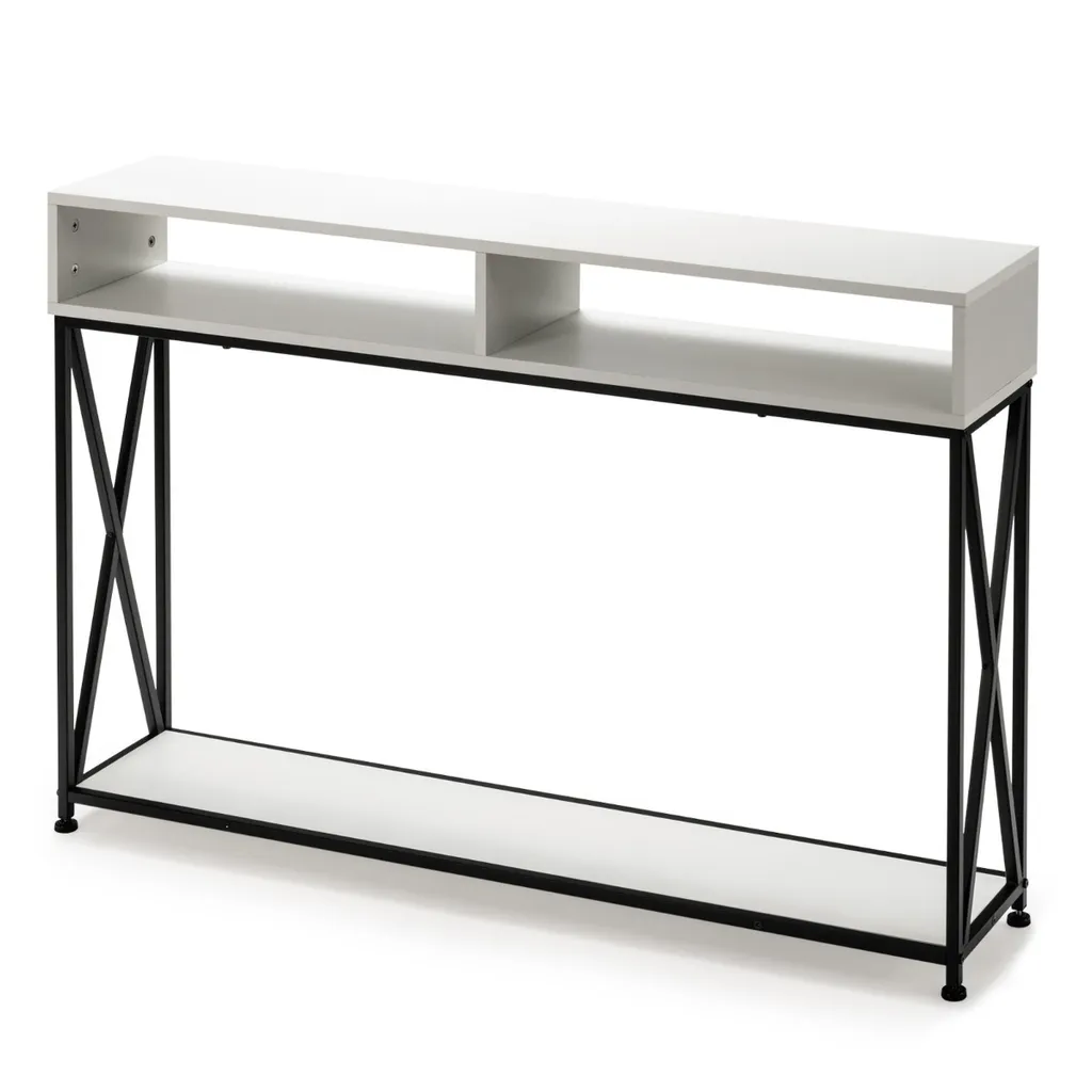 Table console 120cm robuste en acier avec rangement ouvert blanc mat - 6