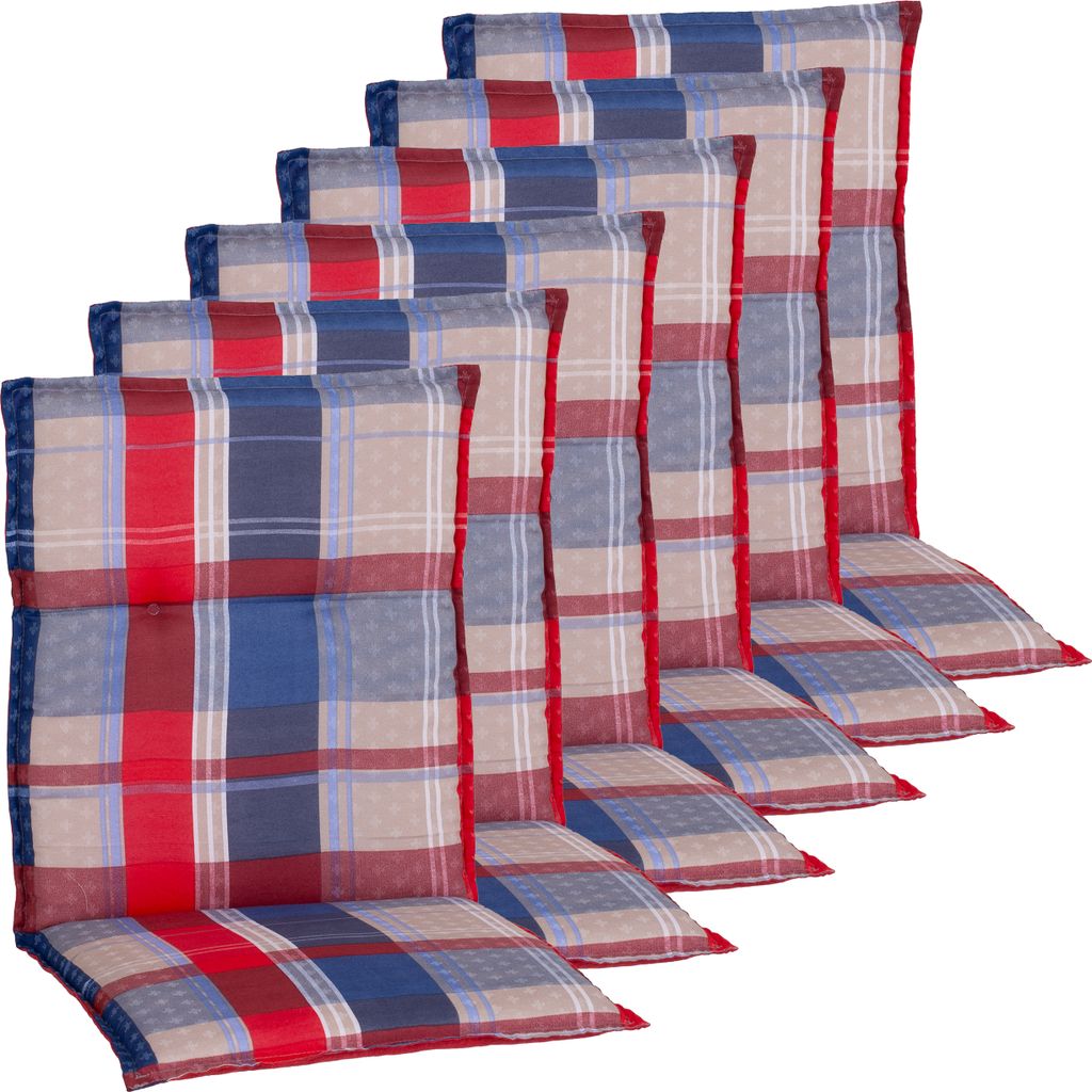 NYVI Niedriglehner Auflagen Rio 100x48 cm 6er Set - Rot Blau Beige Kariert - Gartenstuhl Sitzauflage mit 5 cm Sitzpolster & Wendedesign - Bequem, R...