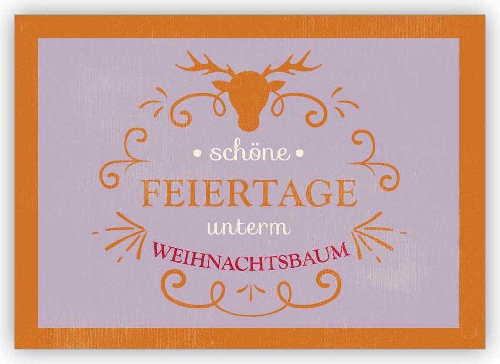 4x Edle Weihnachtskarte mit Weihnachtsgruß in orange: Schöne Feiertage unterm Weihnachtsbaum