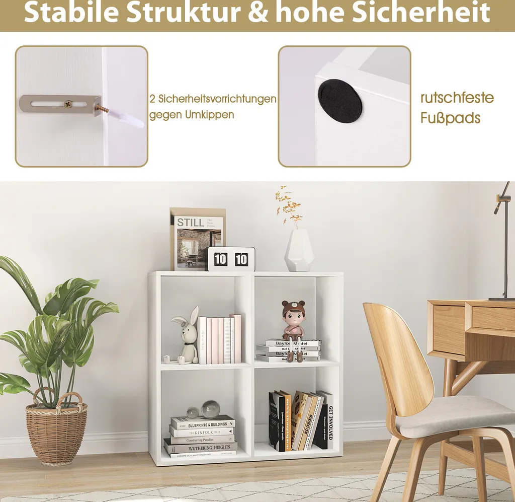 Bibliothèque blanche moderne 4 cases étagère sur pied stable et robuste