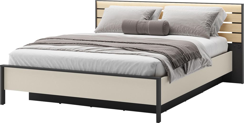 MIRJAN24 Bett Enna 160 EN-02, mit Bettkasten, Schlafzimmer mit USB-Anschlus (Farbe: Sandbeige / Schwarz / Natureiche)