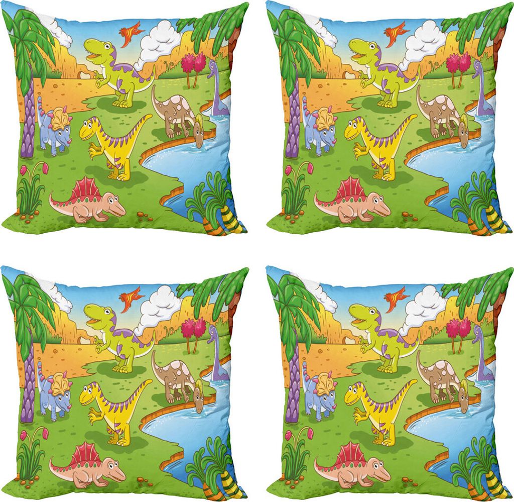 ABAKUHAUS Kindergarten Kissenbezug Set (4 Stück), Cartoon-Stil Tiere, Moderner Doppelseitiger Digitaldruck, 45 cm x 45 cm, Pale Kaffee Lindgrün