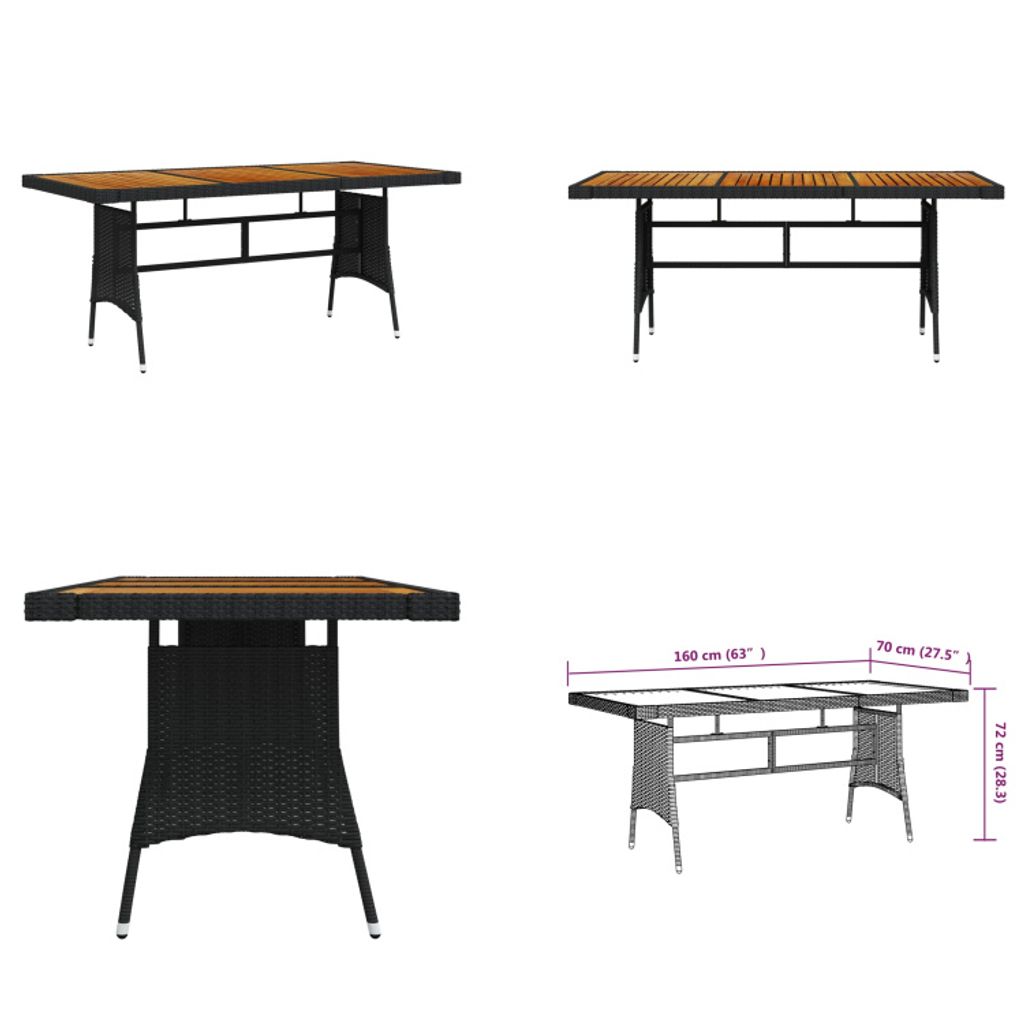 vidaXL Gartentisch Schwarz 160x70x72cm Poly Rattan & Massivholz Akazie - Gartentisch - Gartentische - Terrassentisch - Gartenmöbel
