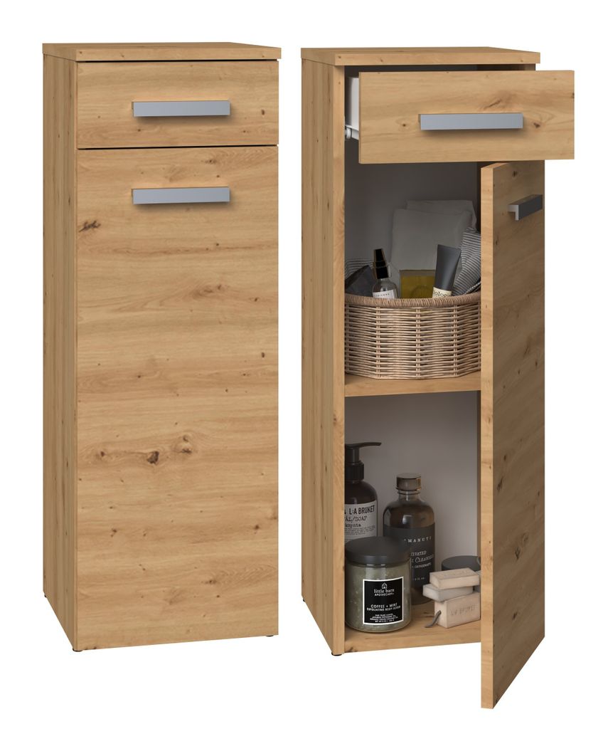 Two views of a tall, narrow wooden cabinet, one closed and one open, displaying storage.