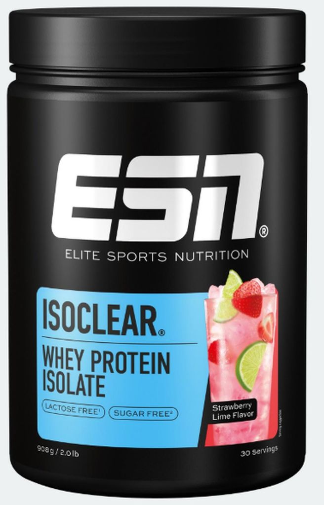 A black container of ESN Iso Clear Whey Protein Isolate, Strawberry Lime Flavor.