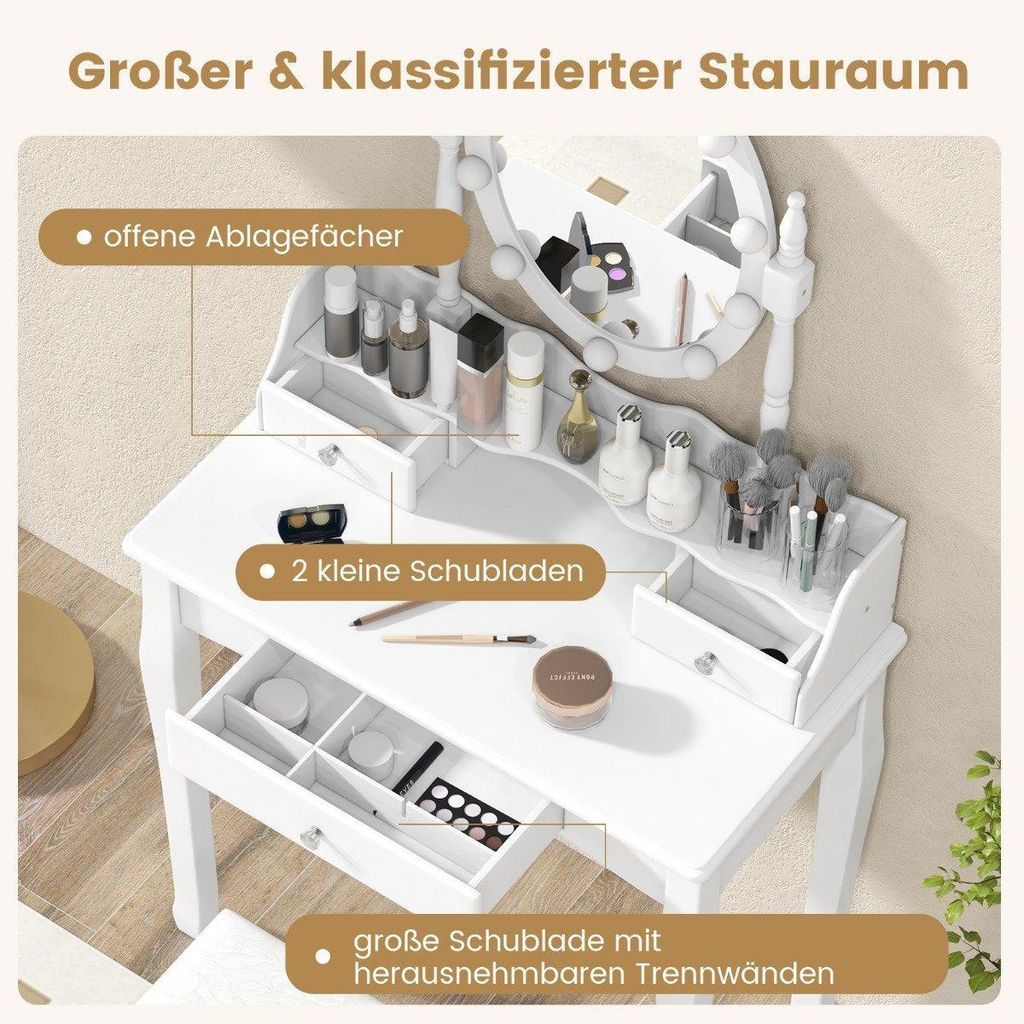 Schminktisch mit LED-Beleuchtung einstellbare Helligkeit Frisiertisch mit 3 Schubladen Weiß