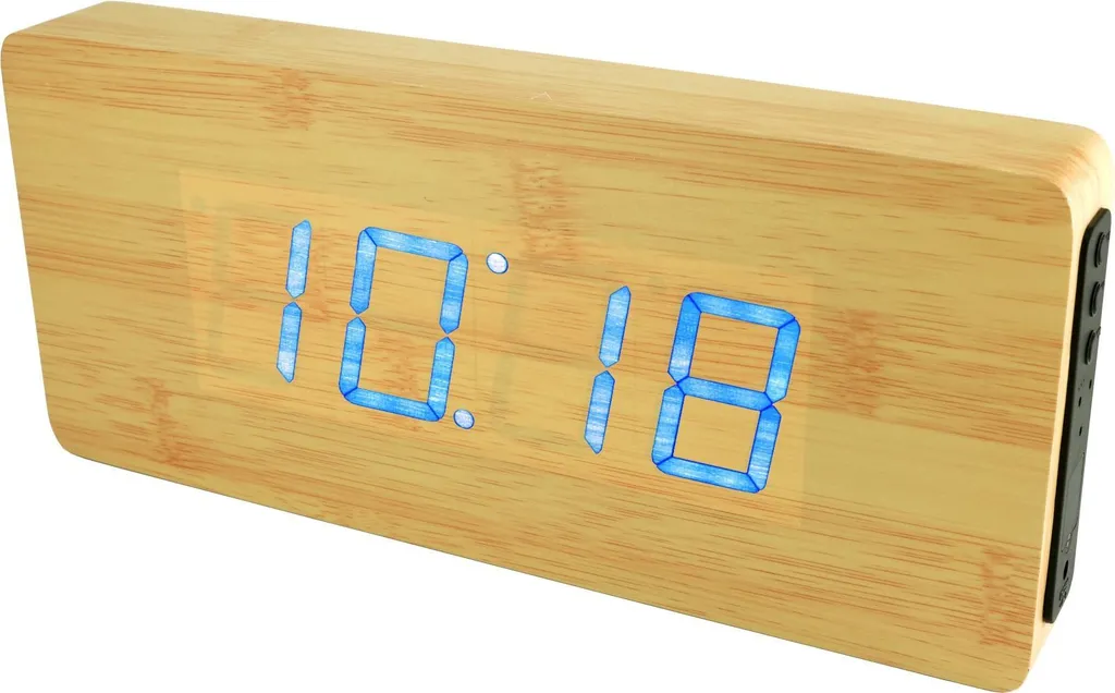 Réveil matin digital aspect bois clair avec affichage LED bleu Pilafa