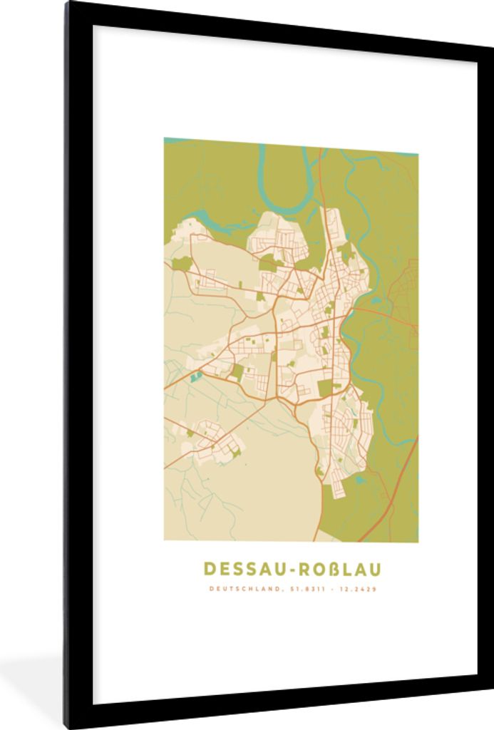 MuchoWow Gerahmtes Poster Jahrgang - Karte - Dessau-Roblau - Stadtplan - Karte 60x90 cm - Poster mit Schwarzem Bilderrahmen Wandposter Rahmen Fot...