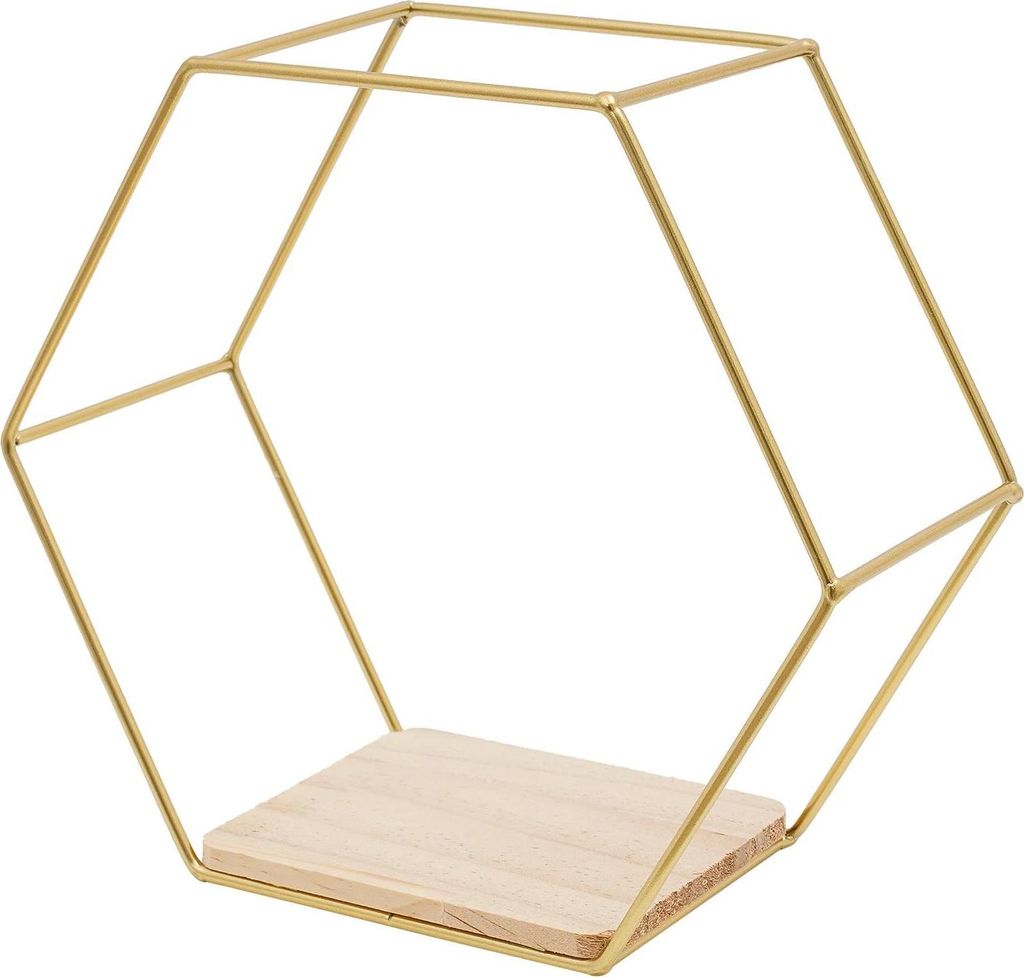 Hexagon Wandregale - Wandmontage Regalset - 3-Teilig - Metallrahmen Und Holz - Tragkraft 5 kg Pro Regal - Gold