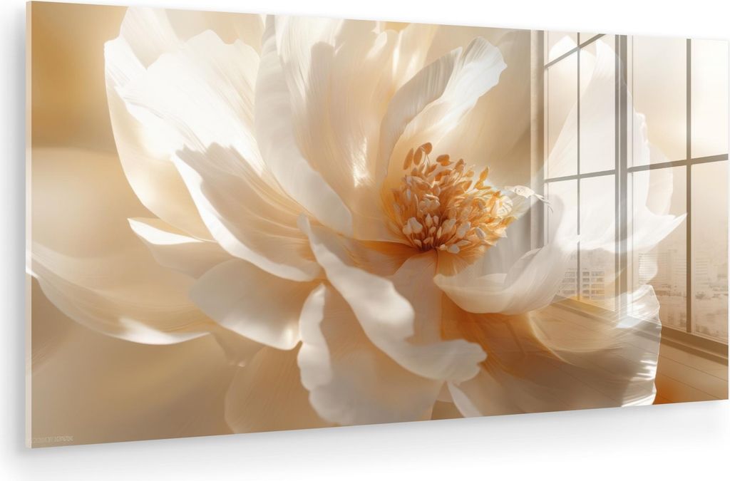 MuchoWow Glasbilder - Bilder auf Wandbild - Foto auf Glas Nahaufnahme - Pfingstrose - Weiß 80x40 cm Wanddekoration aus Glas - Acrylglasbild - Acry...