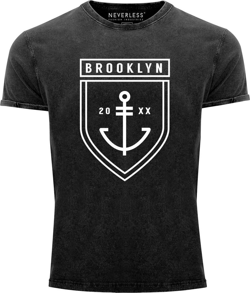 Cooles Angesagtes Herren T-Shirt Vintage Shirt Brooklyn Anker Aufdruck Used Look Slim Fit Neverless schwarz M
