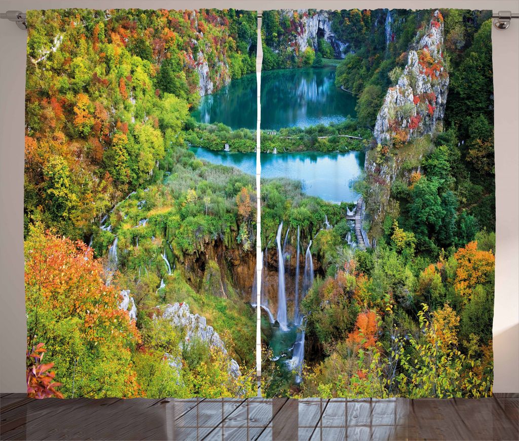ABAKUHAUS Fallen Rustikaler Gardine, Scenic Fall Valley Seen, Schlafzimmer Kräuselband Vorhang mit Schlaufen und Haken, 280 x 245 cm, Grün Blau O...