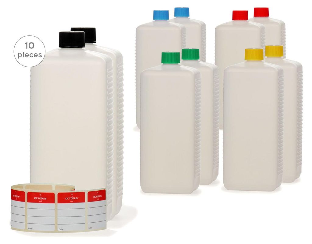 10 Plastikflaschen 1.000 ml eckig aus HDPE mit farbigen Produktbild 