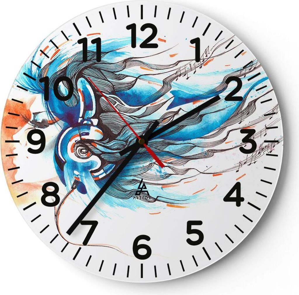 Wanduhr - Rund - Glasuhr - disco dj Mädchen Abbildung - 30x30cm - Schleichendes Uhrwerk - Lautlos - zum Aufhängen bereit - Dekoration Modern - Wa...
