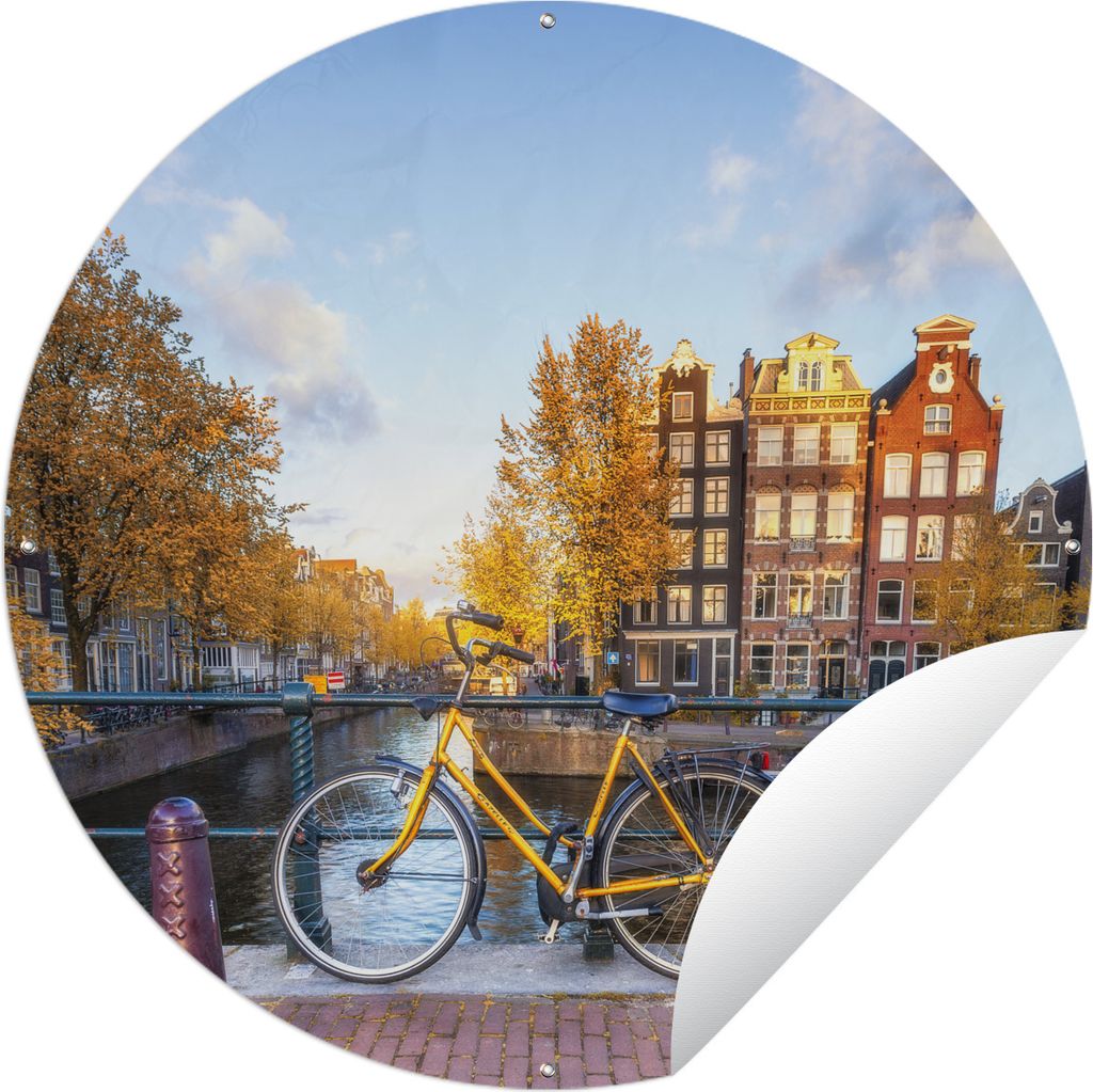 MuchoWow Gartenposter Outdoor-Poster Rund Fahrrad vor der Gracht mit Blick auf die Amsterdamer Architektur Ø 60 cm Gartendeko Rundes Poster drau...