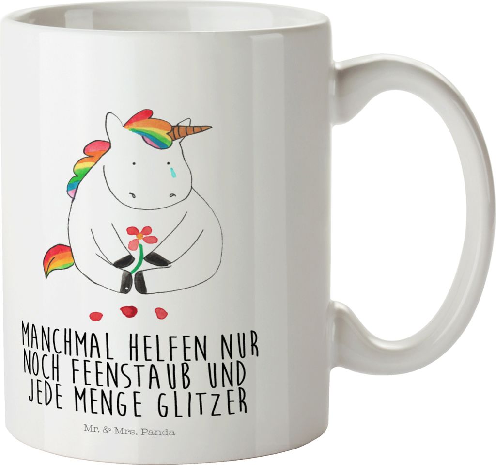 Mr. & Mrs. Panda Plastikbecher Einhorn Traurig - Weiß - Geschenk, Pott, Kinderbecher, Liebe, Trinklernbecher, Glitzer, Trauer, Mehrwegbecher, Blum...