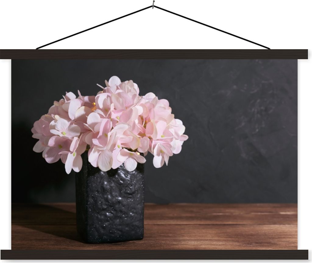 MuchoWow Textilposter Stilleben - Hortensie - Rosa 150x100 cm mit schwarzem Rahmen - Schlafzimmer