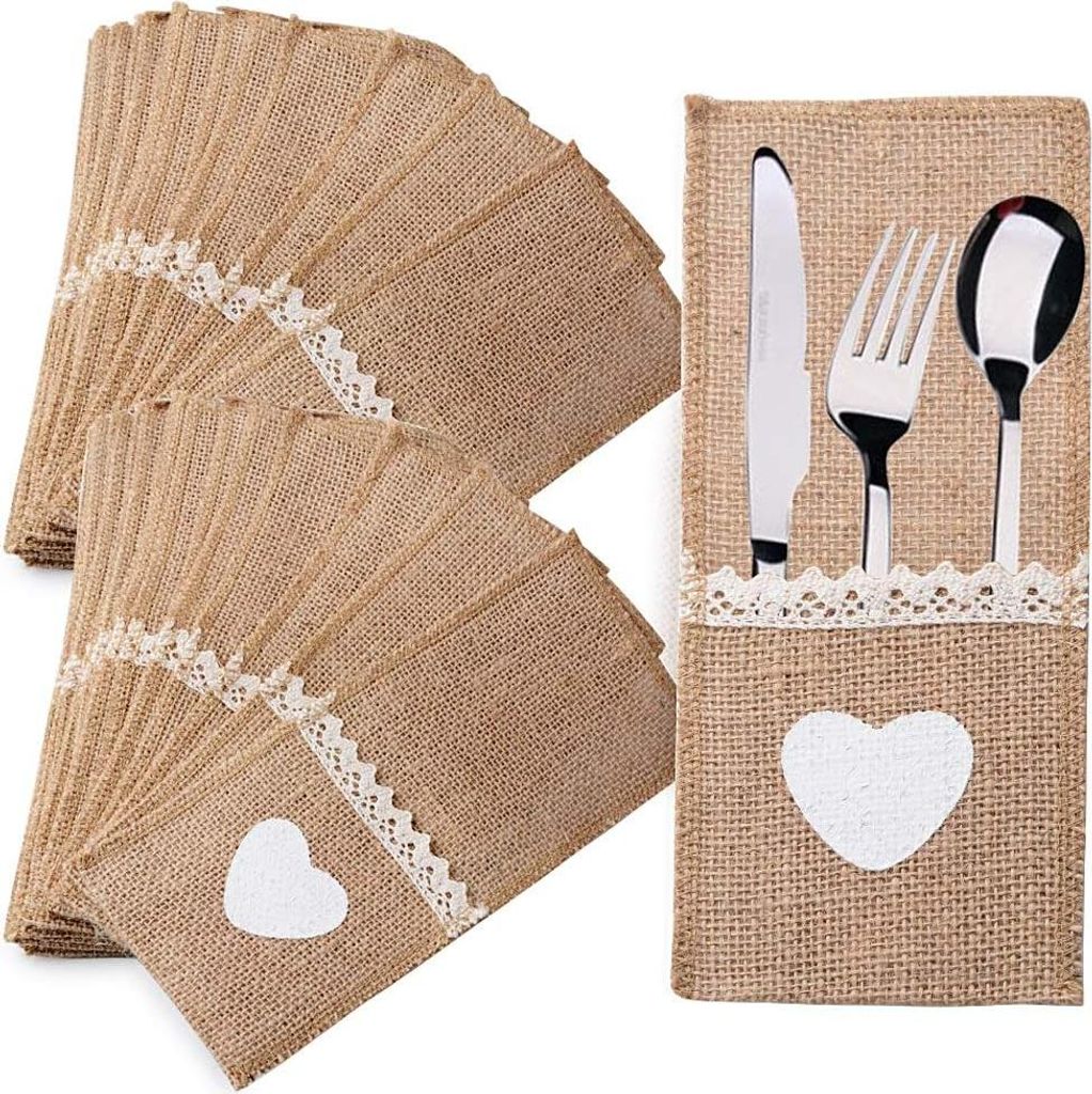 40 Stück Jute Bestecktaschen Spitze Besteck Sackleinen Produktbild 